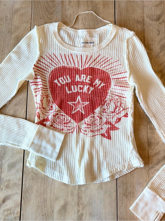We The Free Tops - We The Free Cream Waffle Knit Long Sleeve Top with Red Heart Print